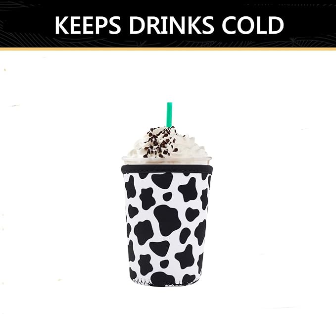 YR Reusable Neoprene Insulator Sleeve for Iced Coffee Cups, 3 Pack Coffee Coolies sleeves for Iced & Hot Drinks, Cold Beverage Cooler Compatible with Starbucks Coffee and More (Cow)