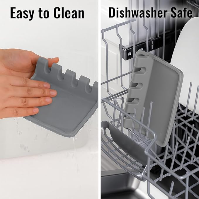 Silicone Spoon Rest for Stove Top – Silicone Utensil Holder with Large Drip Tray, Heat Resistant, BPA Free Food-Grade Silicone, Non-Slip Base, Dishwasher Safe, 4-Slot Design, Includes 2 Sponges (Gray)