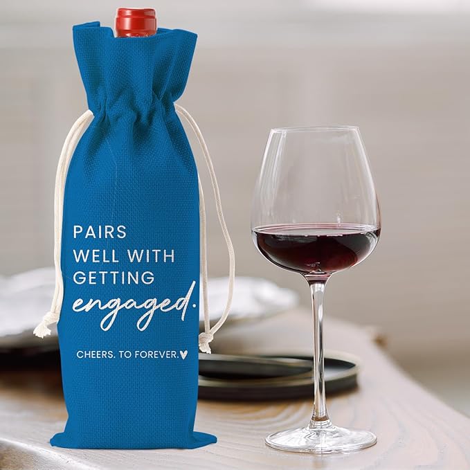 Engaged Gifts, Engagement Gifts for Couples Her, Engagement Party Decorations Gifts for Engaged Couple Wine Bag, Pairs Well with Getting Engaged Wine Bottle Bag（Blue）