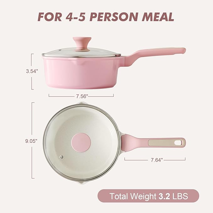 SENSARTE Ceramic Nonstick Saucepan with Double Pouring Spout 3.0 Quarts, Cooking Pot with Stay Cool Handle, Induction Compatible, Ceramic Coating, Free of Intentionally Added PFOA/PFAS, Pink
