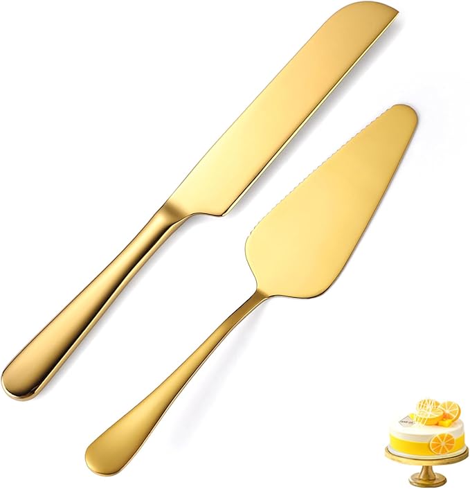 Wedding Cake Knife and Server Set,2Pcs Cake Cutting Set Gold Include Stainless Steel Cake Cutter And Cake Server Perfect For Wedding, Christmas, Birthday and Events,Dishwasher Safe