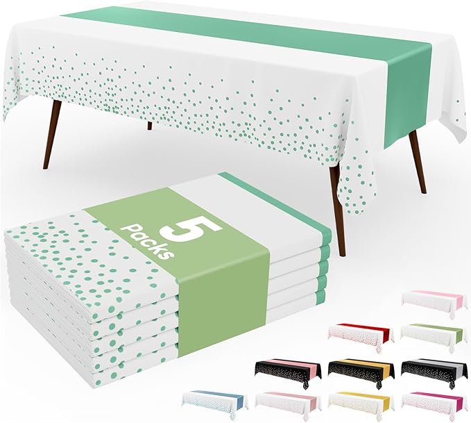 Smiry Plastic Table Cloth Disposable 5 Pack, 54 x 108 Inch Rectangle Waterproof Tablecloth, Printed Gold Table Runner Style for Birthday Weeding, Party Decorations, Leakproof & Sturdy, White and Teal