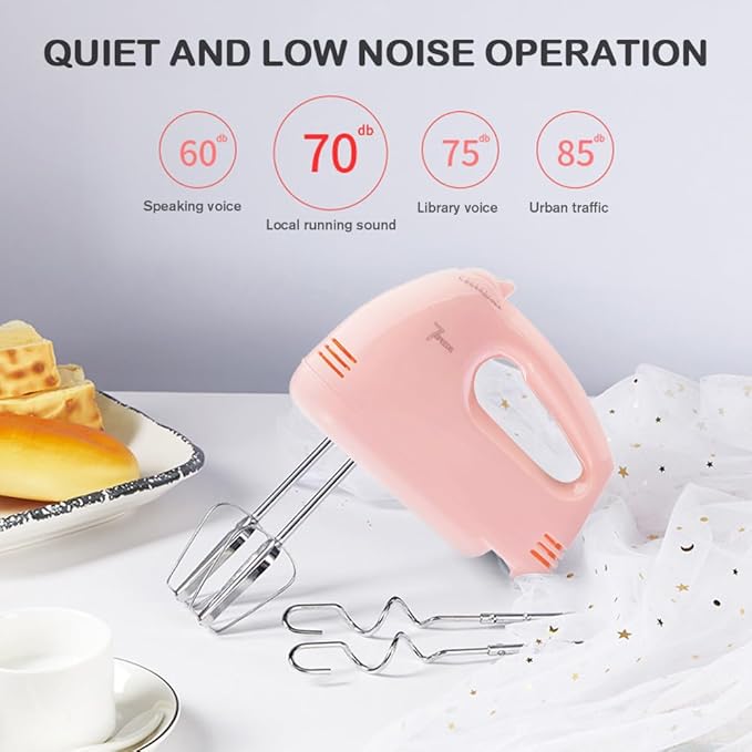 Handmixer Electric Handheld - 7 Speed Portable Kitchen Mixer Electric with 5 Stainless Steel Accessories Whisk, Food Beater for Whipping Mixing Cookies Cakes Eggs, Pink