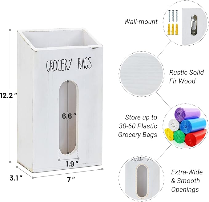 Farmhouse Grocery Bag Holder for Kitchen, Wooden Plastic Bags Holder for Supermarket shopping carrier Recycle, Wall Mounted Garbage Bag Dispenser with Extra-Wide & Easy-Access Openings, White