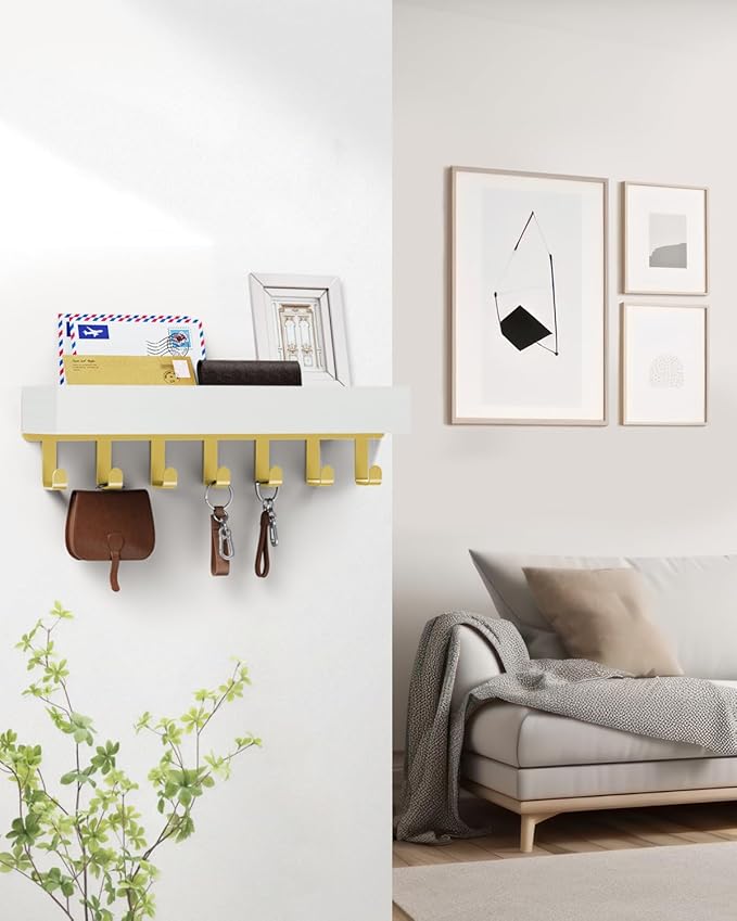 Key Holder Wall Mount Adhesive Magnetic - Hanging Key Hooks with Mail Organizer Tray for Wallet House - Keys Hanger Rack with Shelf for Camper Entryway Door Home Living Room Decor Large Gold White