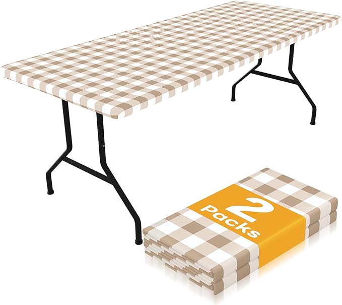 Smiry Picnic Table Cloth 2 Pack, Waterproof Elastic Fitted Tablecloths for 4FT Rectangle Tables, Washable Polyester Buffalo Plaid Tablecloth for Camping, Dining & Outdoor (Khaki & White, 30" x 48")
