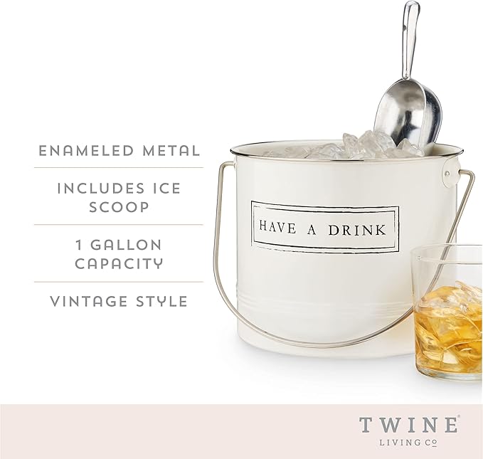 Twine Have A Drink White Enameled Metal Ice Bucket & Scoop for Parties - Wine Bottle And Beer Bottle Bucket in 1 Gallon