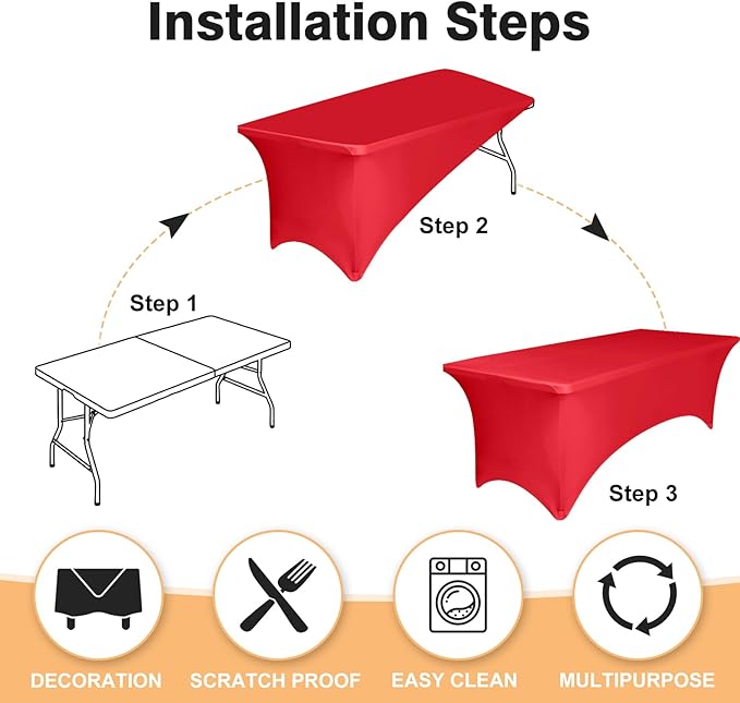 2 Pack 6 Feet Red Spandex Tablecloth for Rectangular Tables, Fitted & Stretch, Washable, Wrinkle Resistant, Perfect for Event, Wedding, Party, Banquet, Cocktail, Festival, and Table Protector