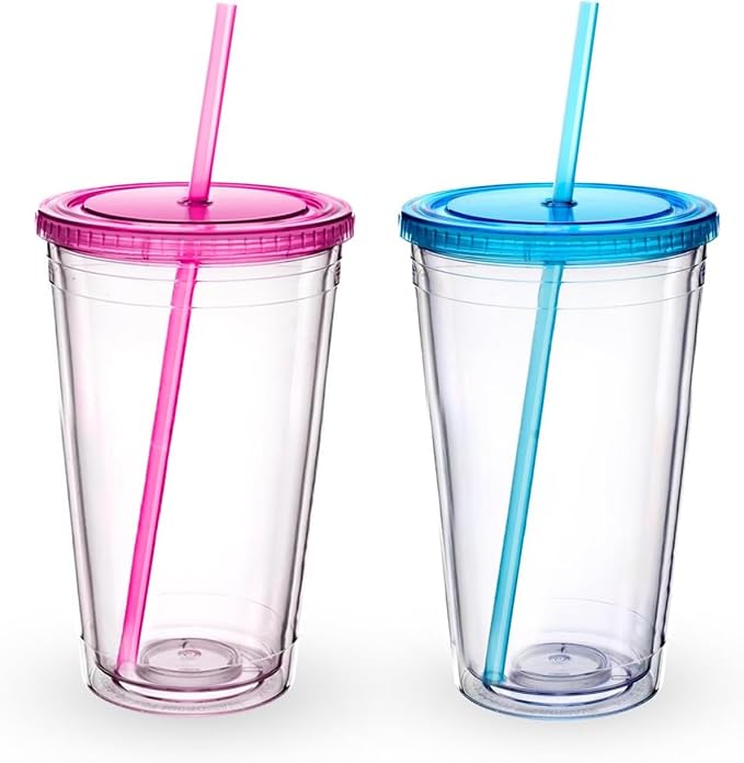 Zukro Clear Acrylic Tumbler with Straw and Lid 16 oz, Double Walled Insulated Reusable Plastic Iced Coffee Cup, To Go Cup Perfect for Parties, Birthdays, Fit in Cupholder, BPA Free, Clear 2 Pack