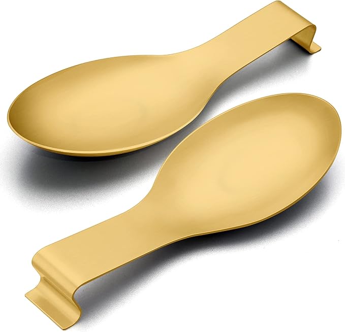Spoon Rest Set of 2, E-far Stainless Steel Gold Spoon Ladle Holder Spatula Rest for Kitchen Stove Top, Large Size & Dishwasher Safe