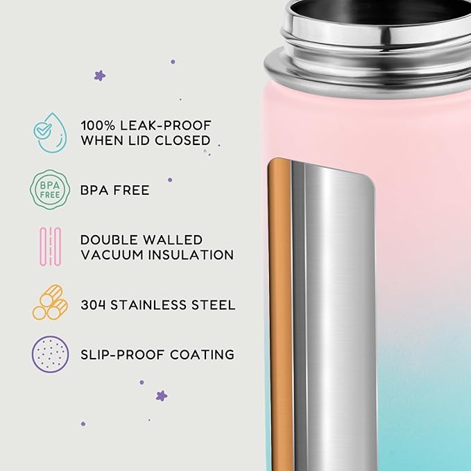Fijinhom 12oz Water Bottle for School, Water Bottles with Straws, Insulated Water Bottles, Stainless Steel Vacuum Insulated Bottle, Leak-Proof, BPA-Free, Aurora + Bubble Gum