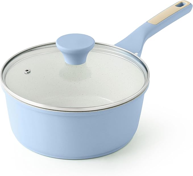 SENSARTE White Ceramic Nonstick Saucepan with Lid 2.5 Quarts, Medium Cooking Pot with Stay Cool Handle, Induction Compatible Saucepot, White Granite Coating, Free of Intentionally Added PTFE/PFOA/PFAS