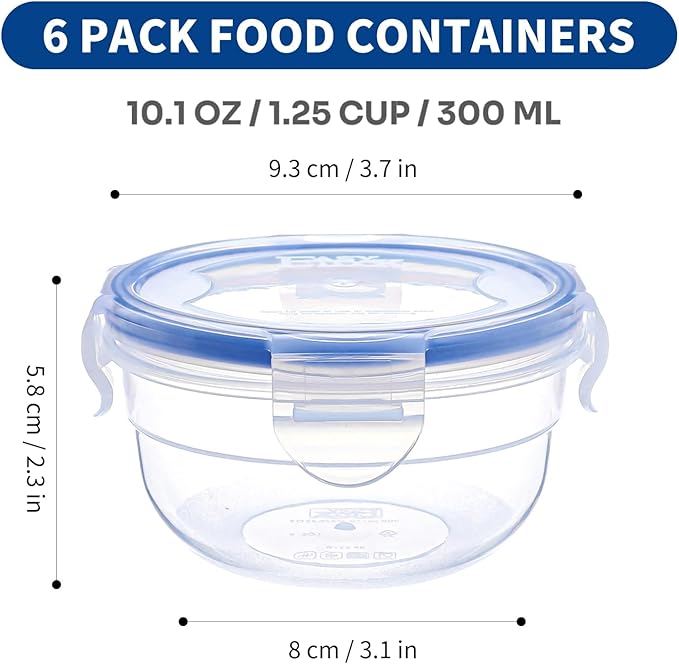 KIGI Round Food Storage Containers, Leak-Proof, Airtight & Watertight Small Plastic Bowls for Snacks, Meal Prep and Lunch, Freezer Safe, 4-Sided Locking Lids, BPA-Free,10 oz / 1.25 Cup,12 Piece Set