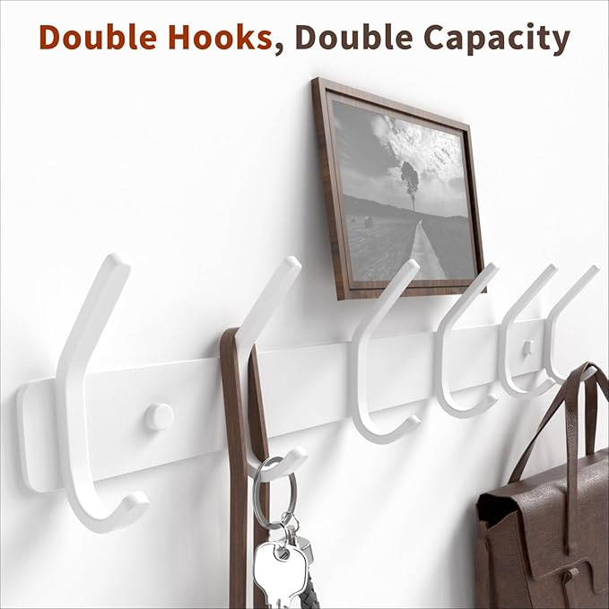 GWAAZXGZ Coat Rack Wall Mount Hooks - 15 Inch Matte White Metal 6-Hook Organizer Wall Mounted, Modern Kids Room, Entryway & Bathroom Hanger for Beach Towels, Coats, Purses, Bags (1 Pack)