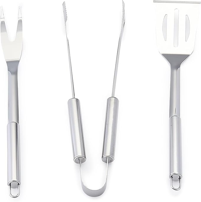 Amazon Basics 4-Piece Stainless Steel BBQ Grilling Tool Set with Carry Bag, Rust-Resistant, Dishwasher Safe