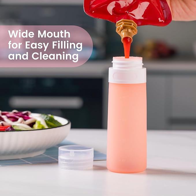 MICEBAY Condiment Squeeze Bottles for Sauces, 3-oz Mini Silicone Salad Dressing Container to Go with Snack Storage Bag, Leakproof Sauce Bottles for Lunch Box, 4 Pack, Pink