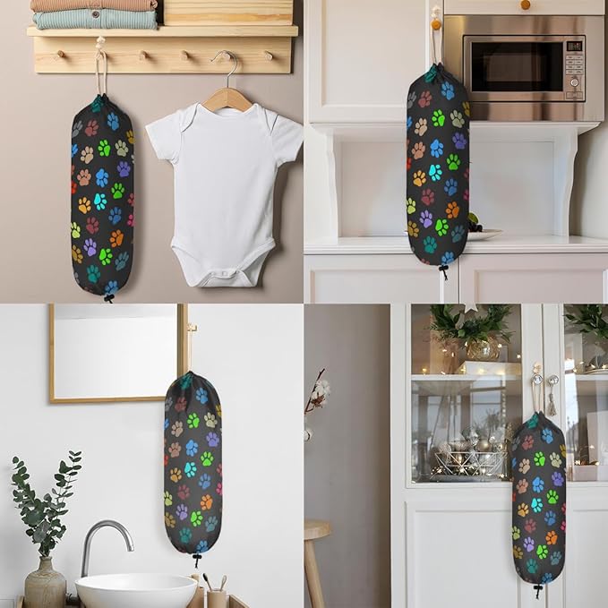 Pardick Plastic Bag Holder, Colorful Dog Cat Paw Print Grocery Bag Holder for Shopping Bags, Wall Mount Plastic Bag Storage Organizer Dispenser, Storage Holder for Home Kitchen Camper,A-9