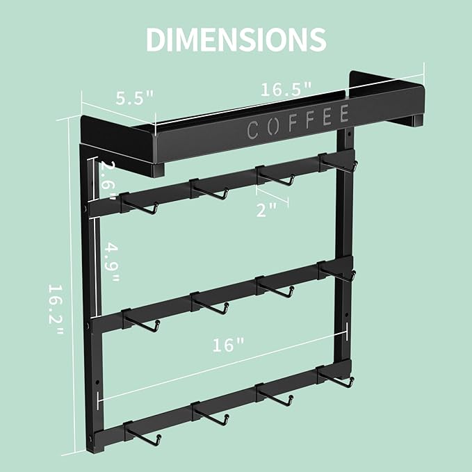 Coffee Mug Holder Wall Mounted with 12 Movable Hooks, Metal Coffee Cup Holder with Top Shelf, Mug Rack Wall Mount for Home Kitchen Display and Collection
