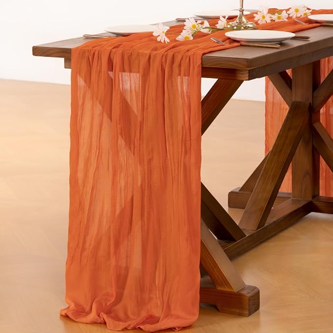 Socomi 6pcs Orange Cheesecloth Table Runner Summer Boho Rustic Gauze 120 inch 10FT Cheese Cloth Sheer Runner for Wedding Party Baby Shower Birthday Home Decor Holiday Decorations