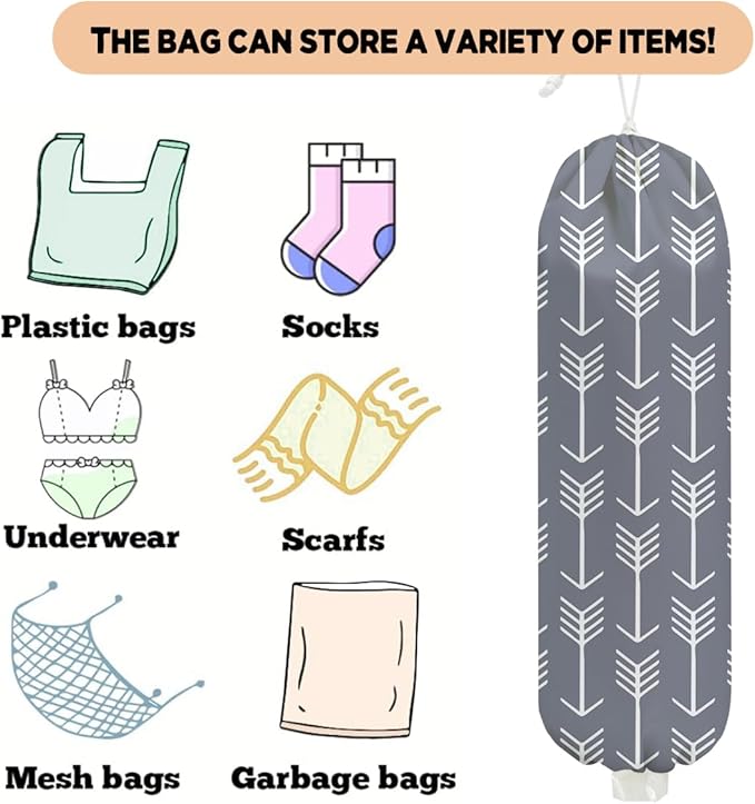 Gray Arrow Plastic Bag Holder, Wall Mount Grocery Bag Holder for Plastic Bags, Geometric Storage Organizer Reusable Grocery Bags, Pull Rope Free Adjustment, Minimalist Gifts for Women Mom Grandma
