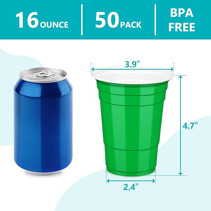 LANLISA 50 Green Plastic Cups, 16 oz Disposable Cups, Drinking Cups For Birthday Party, St Patricks Day, Christmas