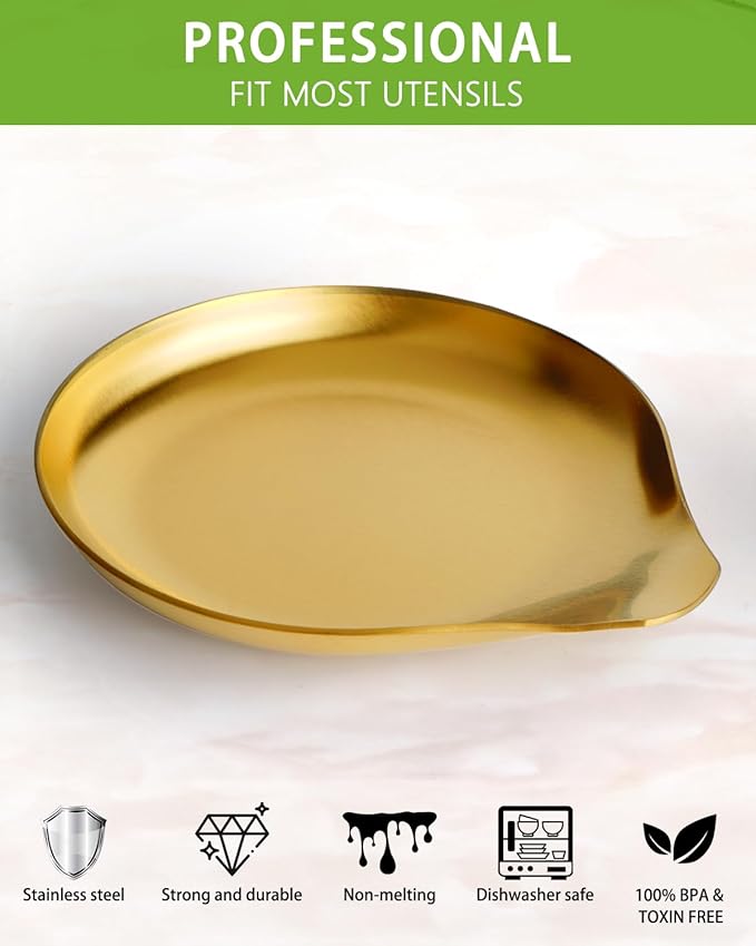 Stainless Steel Spoon Rest, Spatula Ladle Holder, Stainless Steel Utensil Spoon Rest Holder, Brushed Finish, Dishwasher Safe 5.9 x 5.1 Inch (Round Gold 1PC)