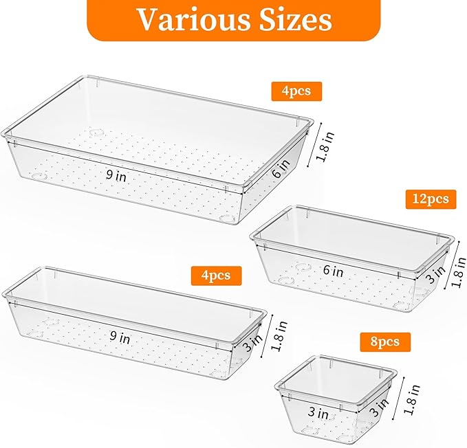 StorMiracle 32 PCS Clear Plastic Drawer Organizer Set, 4-Size vanity organizer Trays and Storage Bins for Makeup, Jewelry and Gadgets in Bedroom, Bathroom and Office, Clear