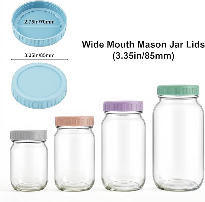 Vaincre 8PCS Wide Mouth Mason Jar Lids, Plastic Mason Jar Canning Lids Tops, Reusable Leak Proof Canning Covers with Silicone Rings for Ball, Kerr and More, Dishwasher Safe