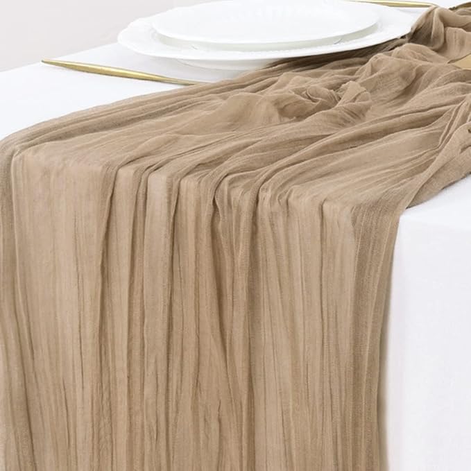 Socomi 6pcs Nude Brown Cheesecloth Table Runner Summer Boho Rustic Gauze 120 inch 10FT Cheese Cloth Sheer Runner for Wedding Party Baby Shower Birthday Home Decor Holiday Decorations