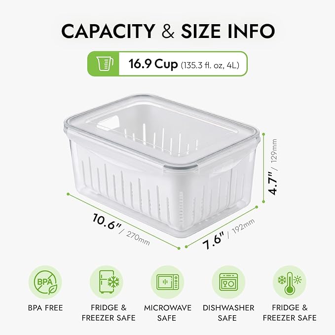 carrotez 16.9 Cup Produce Saver Container for Fridge with White Colander, Airtight Fruit & Vegetable Storage Bin, Removable Strainer Basket, BPA-Free, Stackable, 4.0L