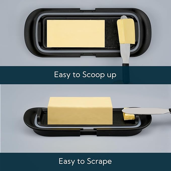 KITCHENDAO One-handed Airtight Butter Dish with Lid for Countertop and Refrigerator Door Shelf, Butter Holder with One Press to Open/Close Secure Latching Buckle for West/East Coast Butter (Black)