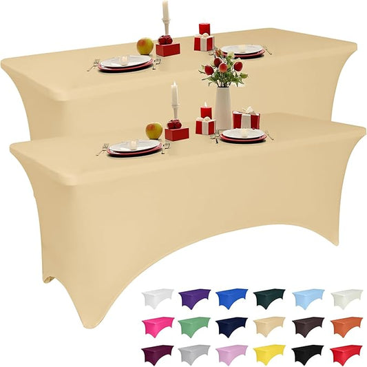 2 Pack 6 Feet Champagne Spandex Tablecloth for Rectangular Tables, Fitted & Stretch, Washable, Wrinkle Resistant, Perfect for Event, Wedding, Party, Banquet, Cocktail, Festival, and Table Protector