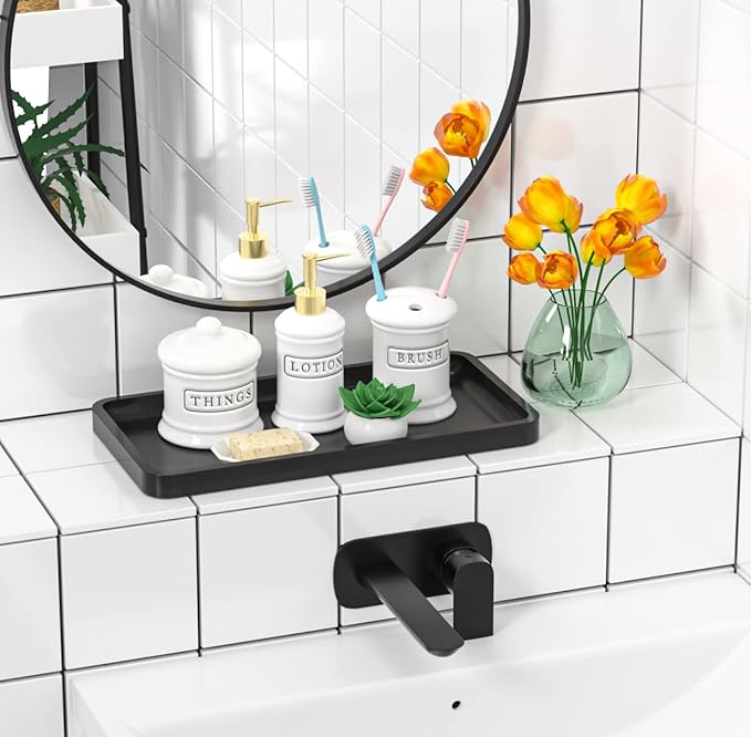 Bathroom Vanity Tray for Countertop - Bamboo Organizer Tray for Dresser Tops, Toilet, Perfume Small Decorative Tray Wood Tray for Home Decoration 11.81” L x 6.1” W x 0.79” H Black