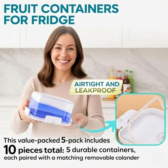 Fruit Containers for Fridge Keep Fresh, 5-Pack BPA-Free Produce Storage Containers with Removable Colander, Airtight Fridge Organizer for Berry Vegetable, Microwave & Dishwasher Safe (White)