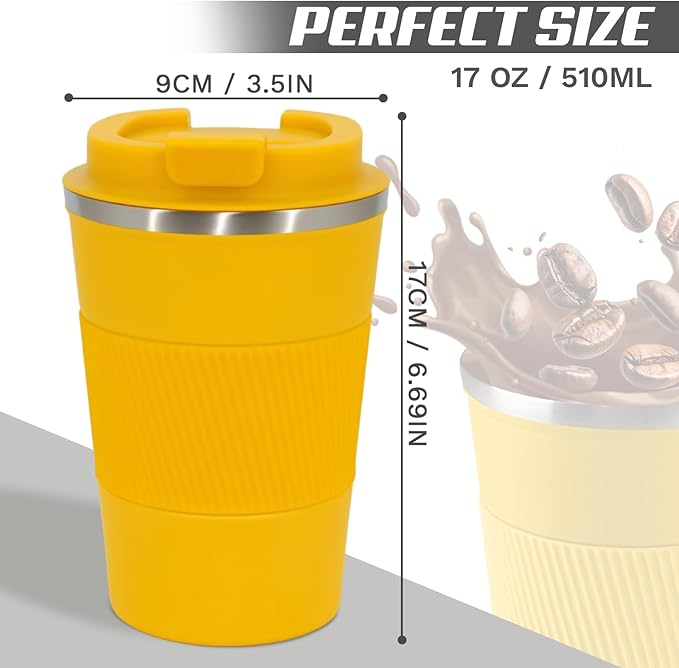 SPLMIFA Vacuum-Insulated Stainless Steel Travel Coffee Mug, Leak-Proof Reusable Coffee Cup with Lid-Keeps Drinks Hot & Cold for Hours, Durable Double Wall Tumbler for Men & Women (3rd-Yellow, 17OZ)