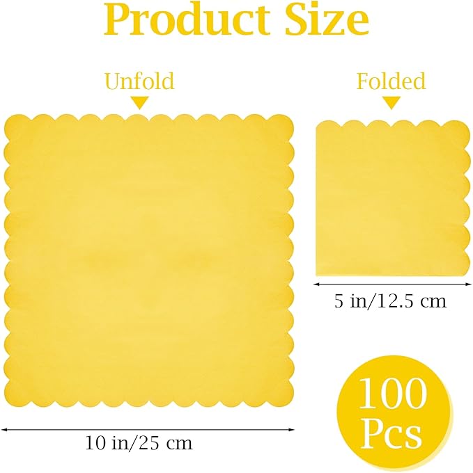 100 Pcs Cocktail Napkins, 2-Ply 5 x 5 Inches Disposable Scalloped Napkins, Thick Premium Dessert Napkins for Party, Wedding, Dinner, Birthday, Anniversary, Festival (Yellow)