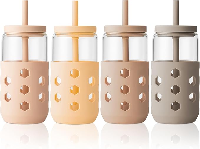 Mrsdry Glass Cups with Lids and Straws (4 Pack), 16oz Drinking Glasses Set with Silicone Sleeves for Coffee Bar Accessories Iced Coffee Cups with Lids, Glass Tumbler Reusable for Gifts