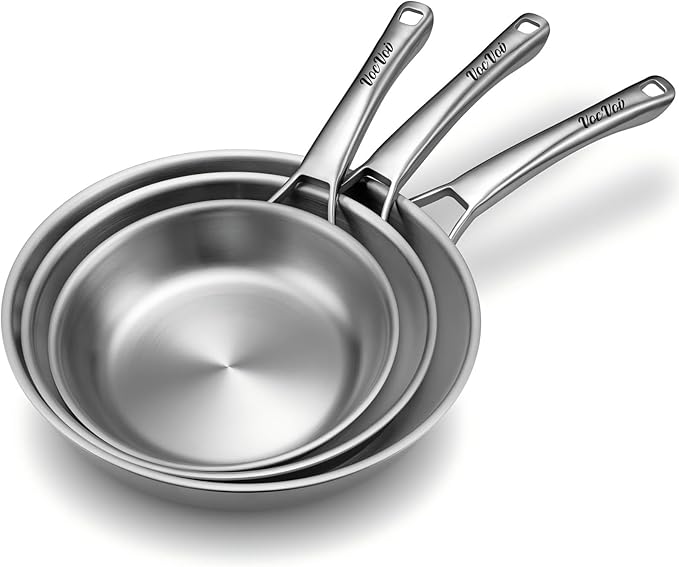 VocVoi Stainless Steel Pan Set, Frying Pan Set, 8/10/12 Inch Stainless Steel Cookware Set, PFOA&PTFE Free Tri-Ply Skillets, Chef's Pan Set, Dishwasher and Oven Safe, Induction Compatible