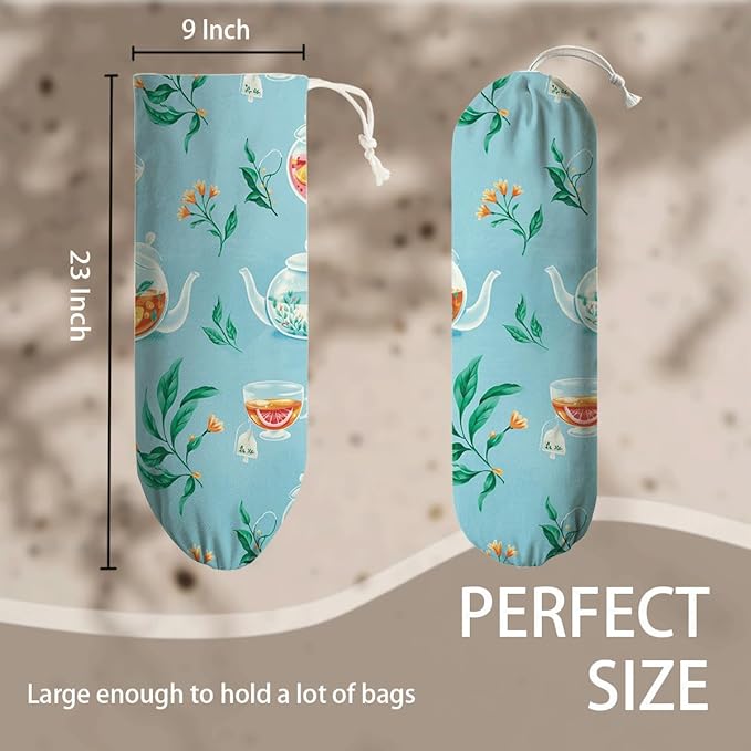 Teapot Plastic Bag Holder, Reusable Shopping Bags Storage Dispenser, Fabric Garbage Trash Bags Carrier Organizer, Fabric Grocery Bag Organizer, Wall Mount, Housewarming Gifts for Tea Lover