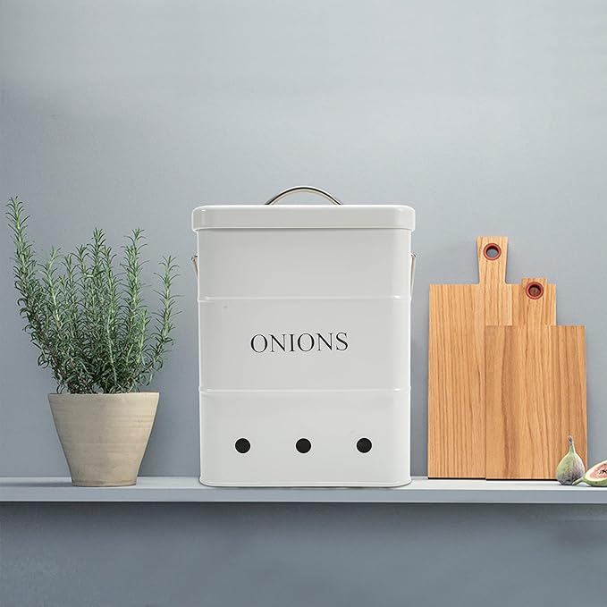 Onion Storage Bin, Kitchen Storage Canister,Kitchen Pantry Organizer Tin With Airtight Lid & Handles, Vegetable Fresh Keeper with Aerating Tin Storage Holes (White)