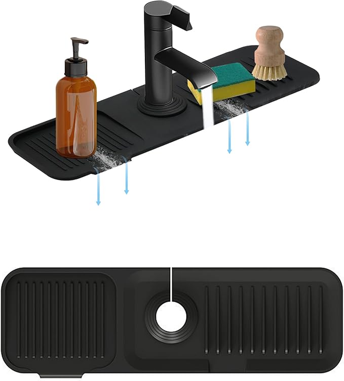 Silicone Sink Splash Guard Mat with Slanted Design,24*5.5 Inch Large Non-Slip Base,Multi-Surface Protector for Kitchen,Bathroom,Laundry,RV,Easy Clean Water Deflector Accessory(black)