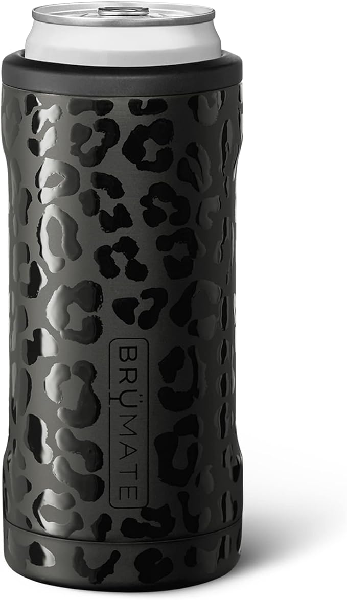 BrüMate Hopsulator Slim Can Cooler Insulated for 12oz Slim Cans | Skinny Can Insulated Stainless Steel Drink Holder for Hard Seltzer, Beer, Soda, and Energy Drinks (Onyx Leopard)