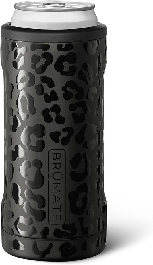 BrüMate Hopsulator Slim Can Cooler Insulated for 12oz Slim Cans | Skinny Can Insulated Stainless Steel Drink Holder for Hard Seltzer, Beer, Soda, and Energy Drinks (Onyx Leopard)