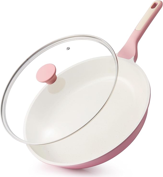 SENSARTE Nonstick Ceramic Frying Pan with Lid 12.5 Inch Cooking Pan Skillet, Free of Intentionally Added PFAS/PTFE Non-toxic Chef's Pan Induction Compatible Pan, Heat Resistant Handle, Sakura Pink