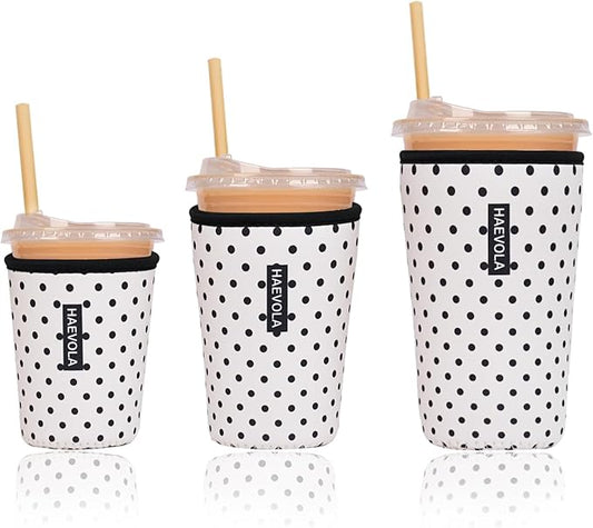 Reusable Insulated Neoprene Iced Coffee Cup Sleeve, Durable Drink Sleeve for Cold Beverages, Beverage Holder for Iced Coffee, Black Polka Dots