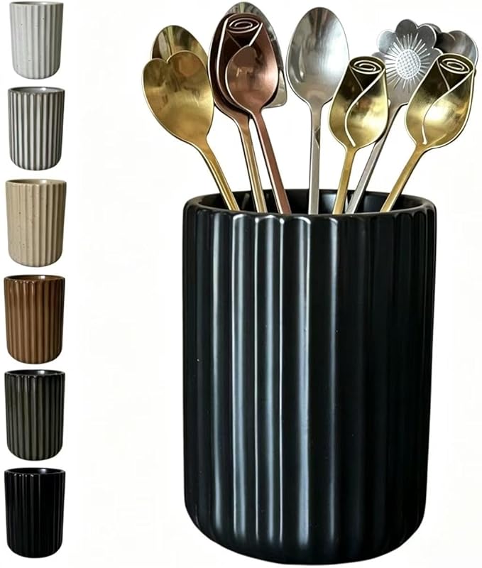 TOPYOKK Stoneware Coffee Bar Utensil Holder Tea & Coffee Spoon & Stirrer Holder for Stir Stick Straw Teaspoon Holder Spoon Cup Small Utensil Jar Fluted Vertical Stripe (Matte Black)