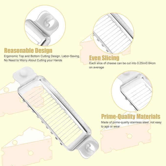 Butter Slicer Cutter, Stainless Steel Ergonomic Cheese Slicer Cheese Even Stick Slicing Tool for Portion Control Cheese Wire Slicer with Portable Grip for Food Square Block Butter(Silver)