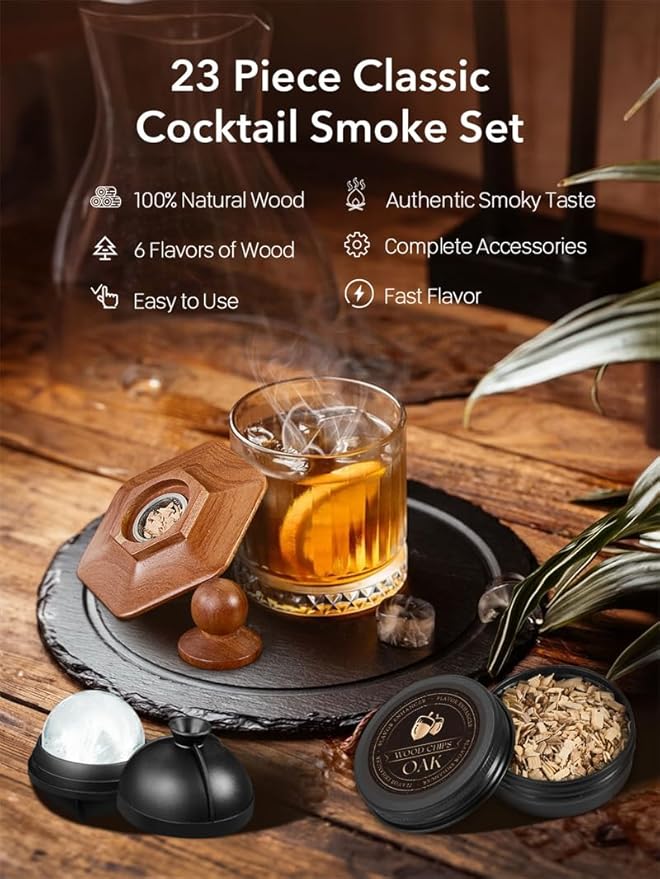 23Pcs Whiskey Smoker Kit with Torch-12 Wood Chips, Ice Ball Mold, Cocktail Smoker Infuser Kit, Old Fashioned Drink Smoker Kit, Birthday Bourbon Whiskey Gifts for Men,Dad,Him, Valentine's Day Gifts