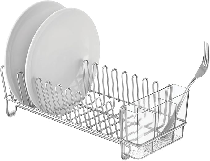 mDesign Kitchen Sink Dish Drainer – Small Metal and Plastic Dish Rack for Kitchen Sink – Ideal for Plates and Cutlery Basket – Chrome/Clear