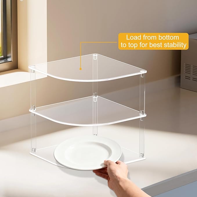 2 Pack Acrylic Plate Organizer for Cabinet, Corner Kitchen Cabinet Countertop Dish Organizer Shelf Kitchen Plate Rack Holder for Plates, Dishes, Bowls